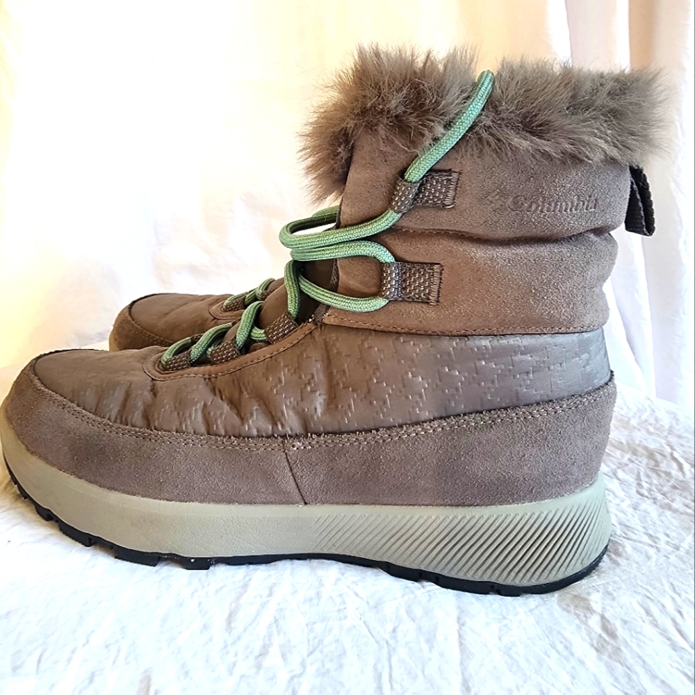 Columbia Gray and Teal Winter Boots with Fur Trim. Women's Slopeside Peak Luxe